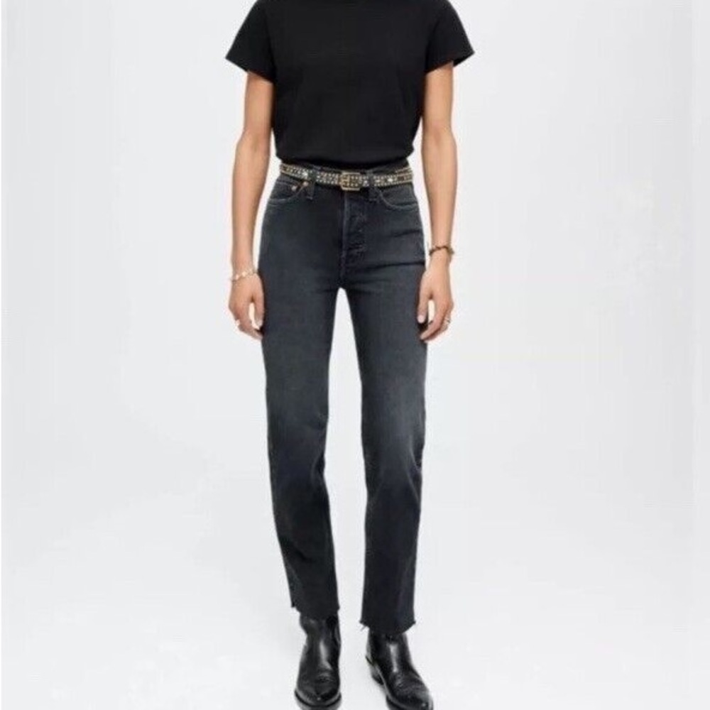 RE/DONE 70s Stove Pipe Jeans Raw Hem Washed Noir Black Buttonfly size 28